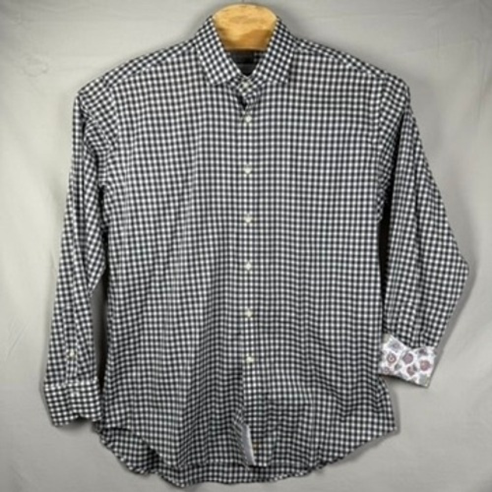 NWOT Thomas Dean Gingham Dress Shirt Paisley Trim‎ Long Sleeve Button Up XL